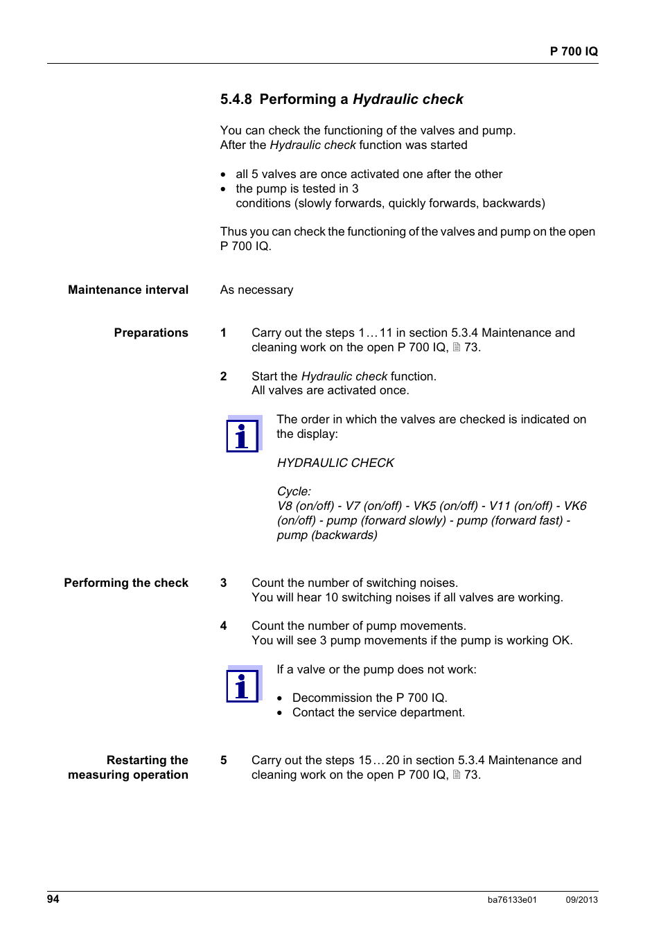 8 performing a hydraulic check, Performing a hy, Section 5.4.8,  94 | YSI P 700 IQ Analyzer User Manual | Page 94 / 116
