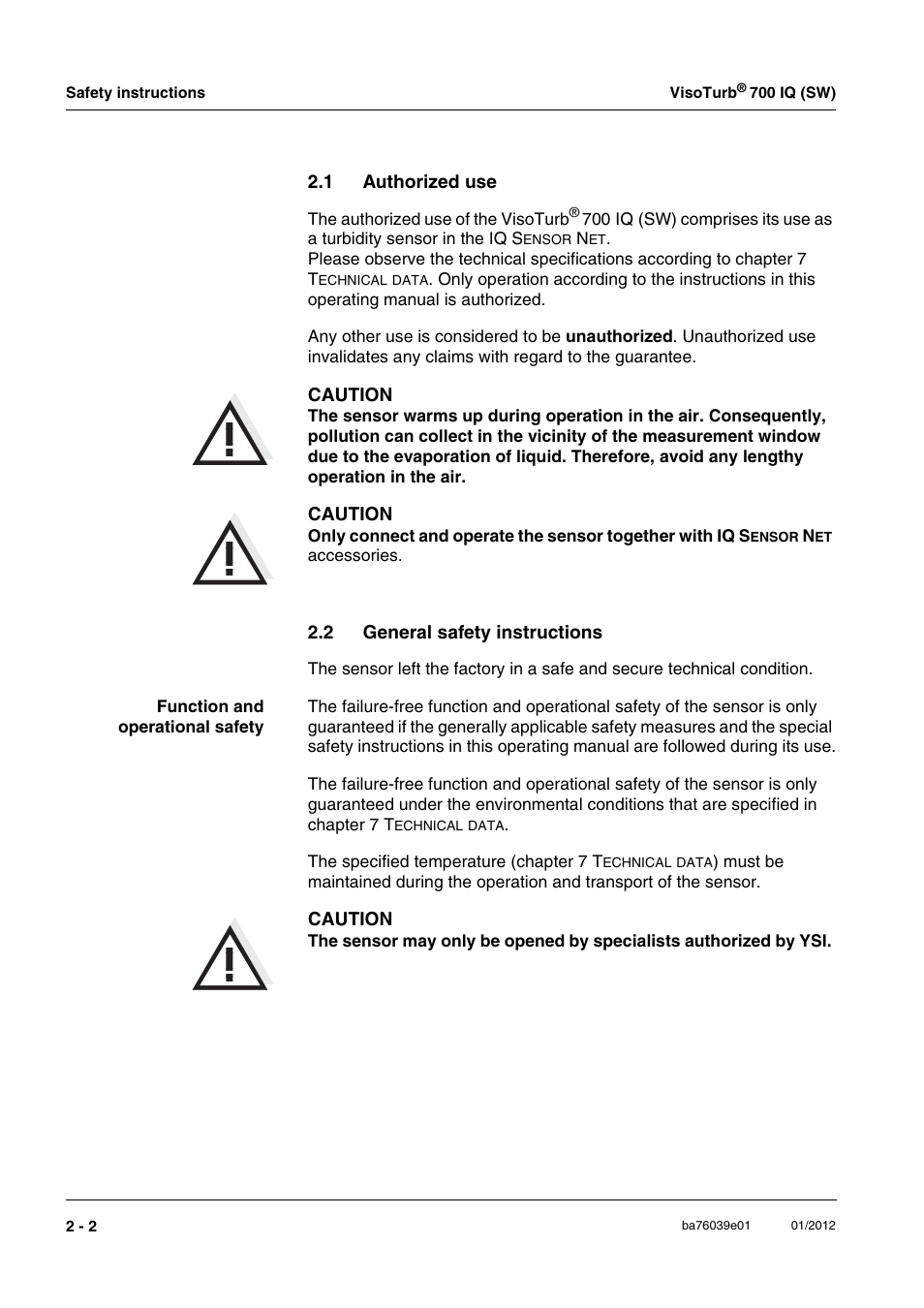 1 authorized use, 2 general safety instructions, Authorized use -2 | General safety instructions -2 | YSI VisoTurb  700 IQ User Manual | Page 10 / 50