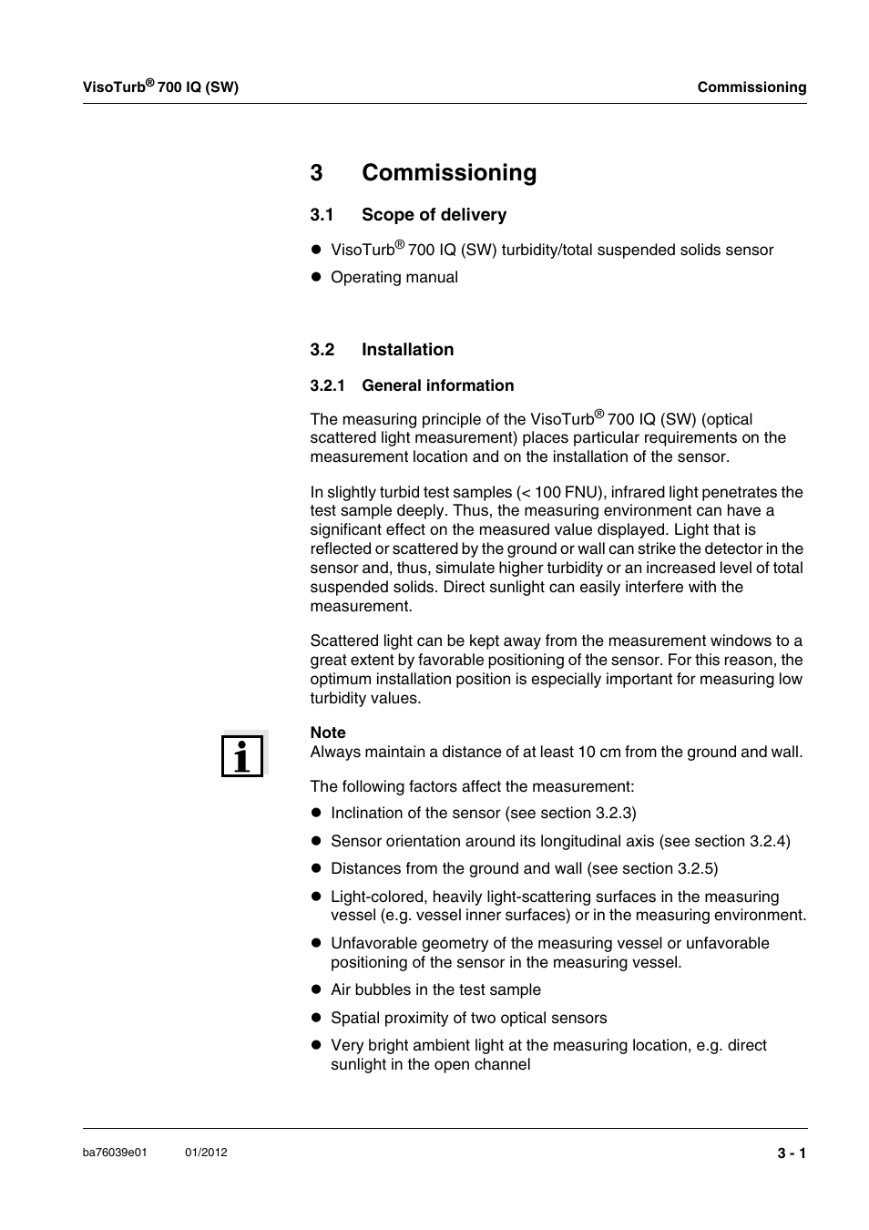 3 commissioning, 1 scope of delivery, 2 installation | 1 general information, Commissioning -1, Scope of delivery -1, Installation -1 3.2.1, General information -1, 3commissioning | YSI VisoTurb  700 IQ User Manual | Page 13 / 50