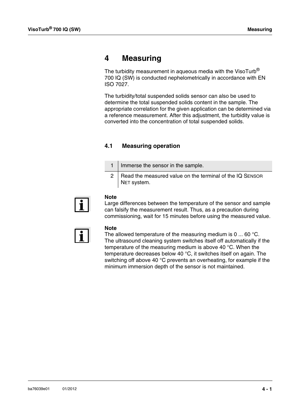 4 measuring, 1 measuring operation, Measuring -1 | Measuring operation -1, 4measuring | YSI VisoTurb  700 IQ User Manual | Page 27 / 50