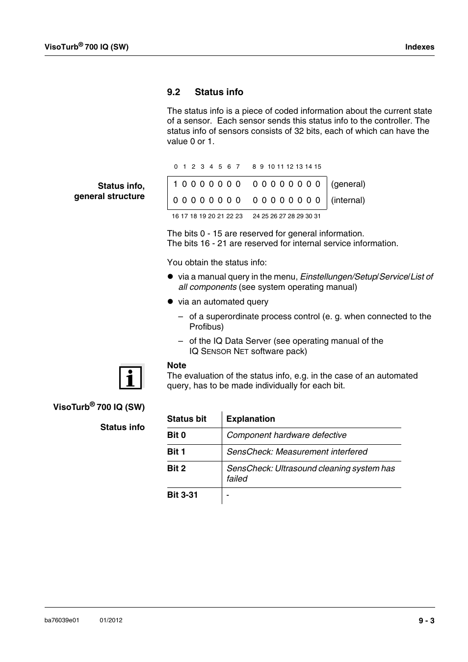 2 status info, Status info -3 | YSI VisoTurb  700 IQ User Manual | Page 47 / 50