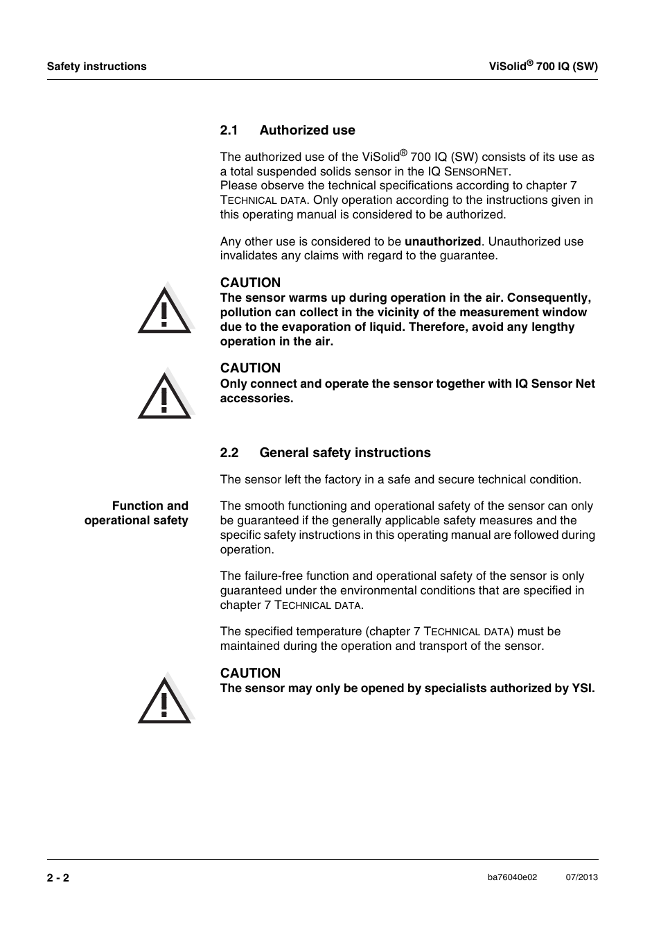 1 authorized use, 2 general safety instructions, Authorized use -2 | General safety instructions -2 | Xylem IQ SensorNet ViSolid 700 IQ (SW) User Manual | Page 10 / 58