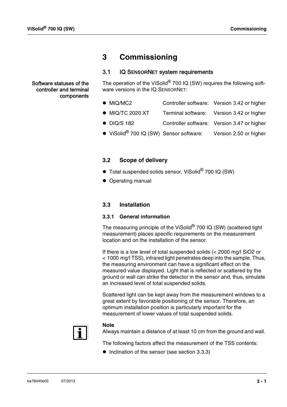 3 commissioning, 1 iq sensornet system requirements, 2 scope of delivery | 3 installation, 1 general information, Commissioning -1, Scope of delivery -1, Installation -1 3.3.1, General information -1, 3commissioning | Xylem IQ SensorNet ViSolid 700 IQ (SW) User Manual | Page 13 / 58