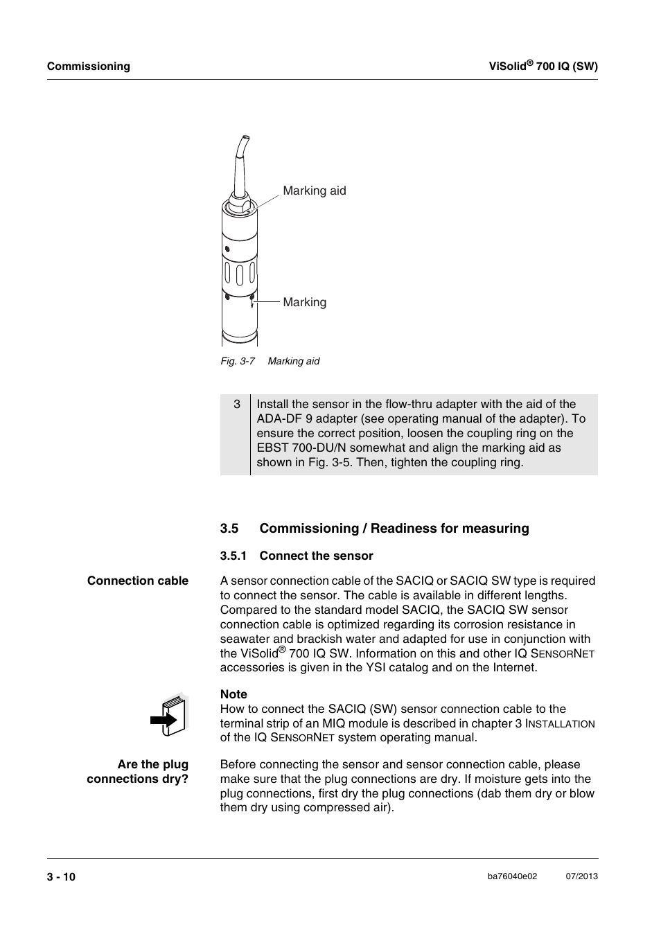 5 commissioning / readiness for measuring, 1 connect the sensor, Commissioning / readiness for measuring -10 3.5.1 | Connect the sensor -10, Section 3.5.1) | Xylem IQ SensorNet ViSolid 700 IQ (SW) User Manual | Page 22 / 58