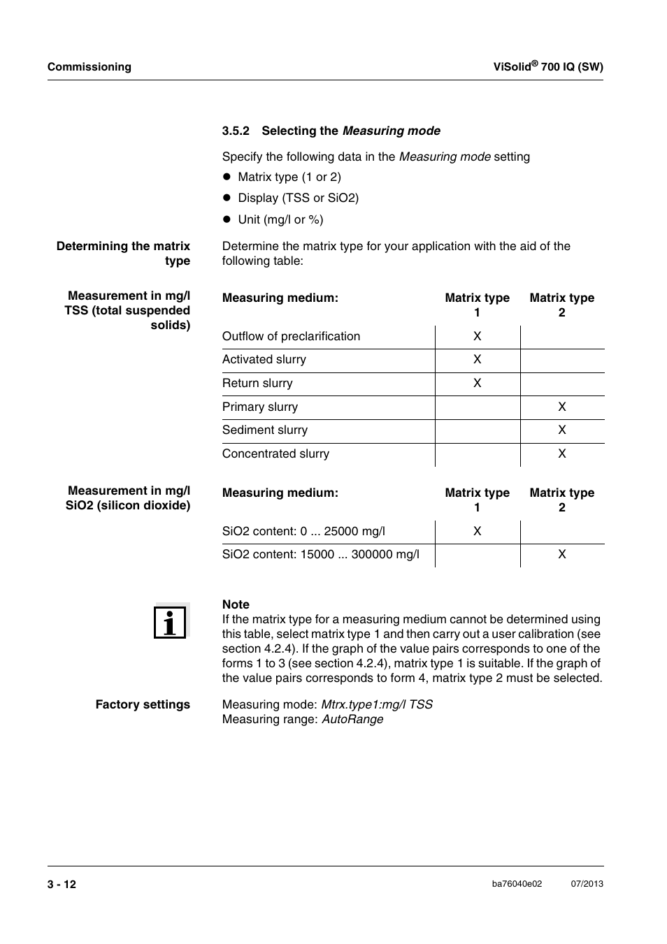 2 selecting the measuring mode, Selecting the measur | Xylem IQ SensorNet ViSolid 700 IQ (SW) User Manual | Page 24 / 58