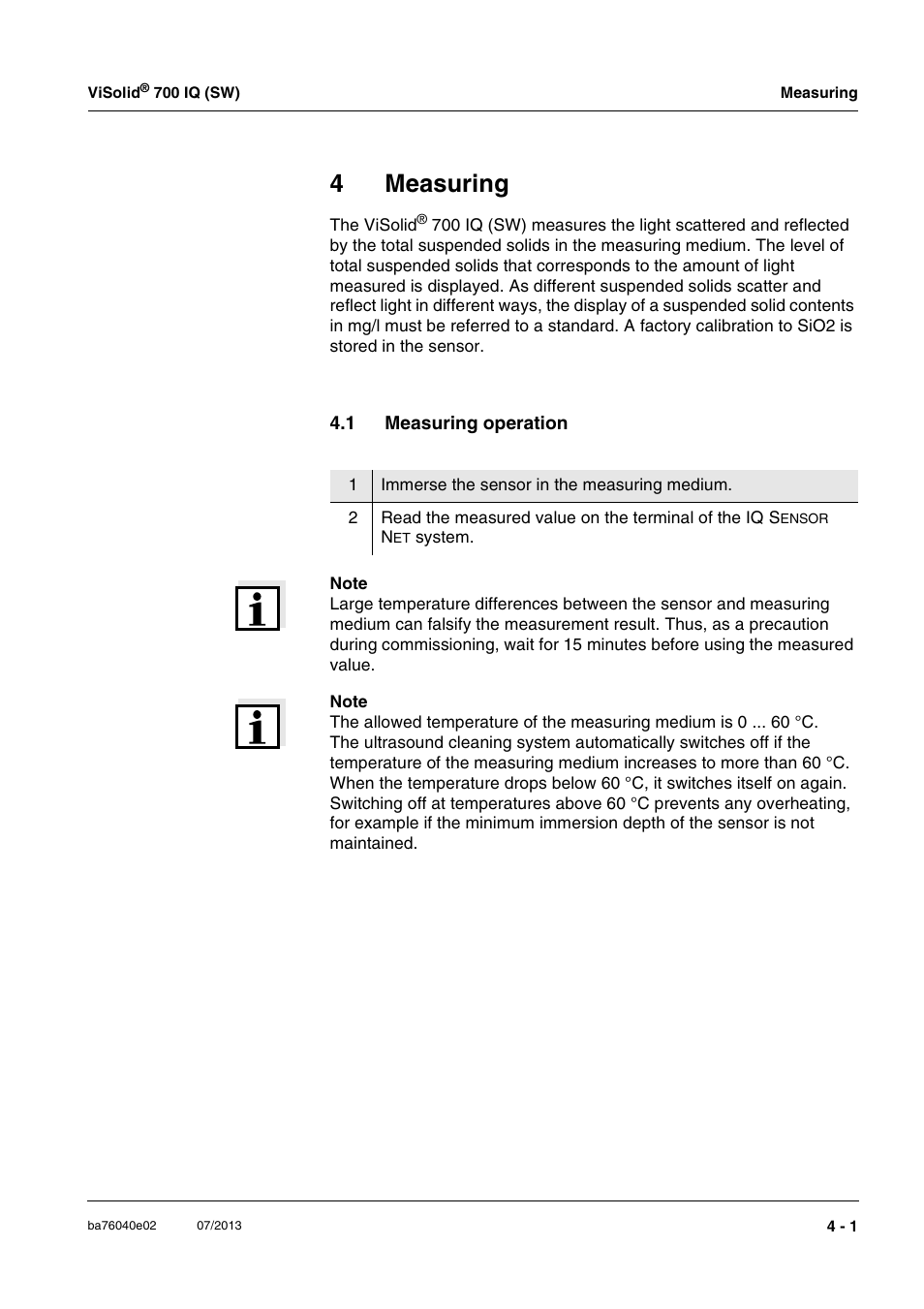 4 measuring, 1 measuring operation, Measuring -1 | Measuring operation -1, 4measuring | Xylem IQ SensorNet ViSolid 700 IQ (SW) User Manual | Page 29 / 58