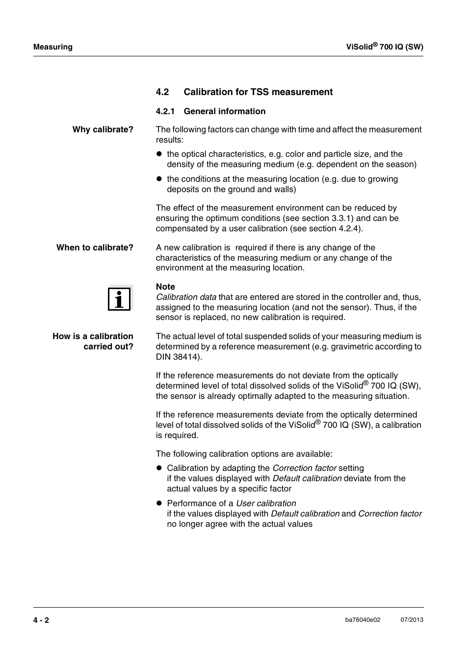 2 calibration for tss measurement, 1 general information, Calibration for tss measurement -2 4.2.1 | General information -2 | Xylem IQ SensorNet ViSolid 700 IQ (SW) User Manual | Page 30 / 58