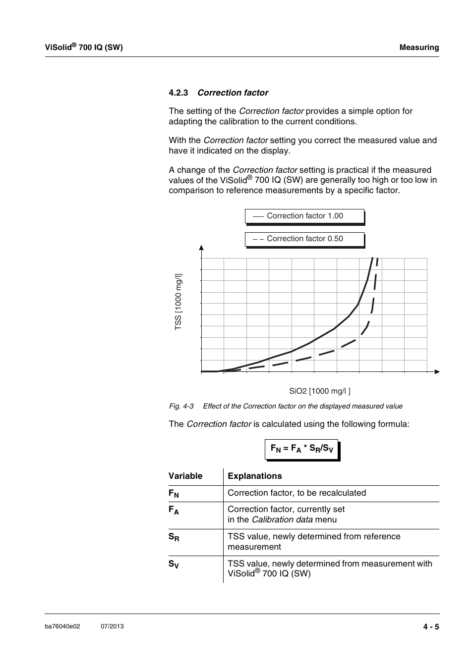 3 correction factor, See section 4.2.3 | Xylem IQ SensorNet ViSolid 700 IQ (SW) User Manual | Page 33 / 58