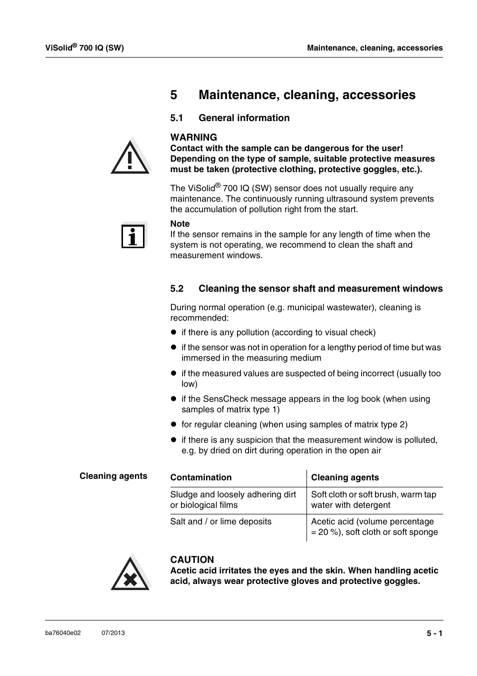 5 maintenance, cleaning, accessories, 1 general information, Maintenance, cleaning, accessories -1 | General information -1, 5maintenance, cleaning, accessories | Xylem IQ SensorNet ViSolid 700 IQ (SW) User Manual | Page 39 / 58