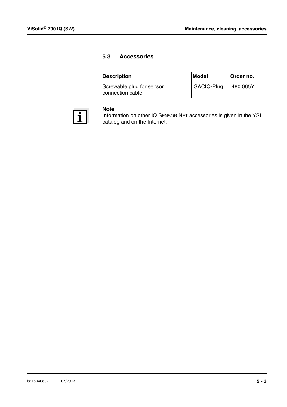 3 accessories, Accessories -3, Section 5.3 a | Ccessories | Xylem IQ SensorNet ViSolid 700 IQ (SW) User Manual | Page 41 / 58