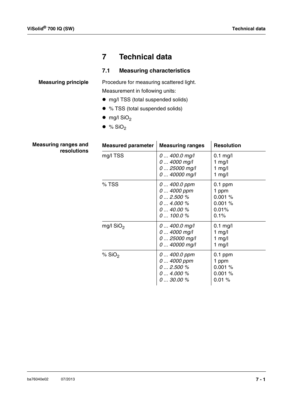7 technical data, 1 measuring characteristics, Technical data -1 | Measuring characteristics -1, Chapter 7 t, Echnical, Data, E (chapter 7 t, 7technical data | Xylem IQ SensorNet ViSolid 700 IQ (SW) User Manual | Page 45 / 58