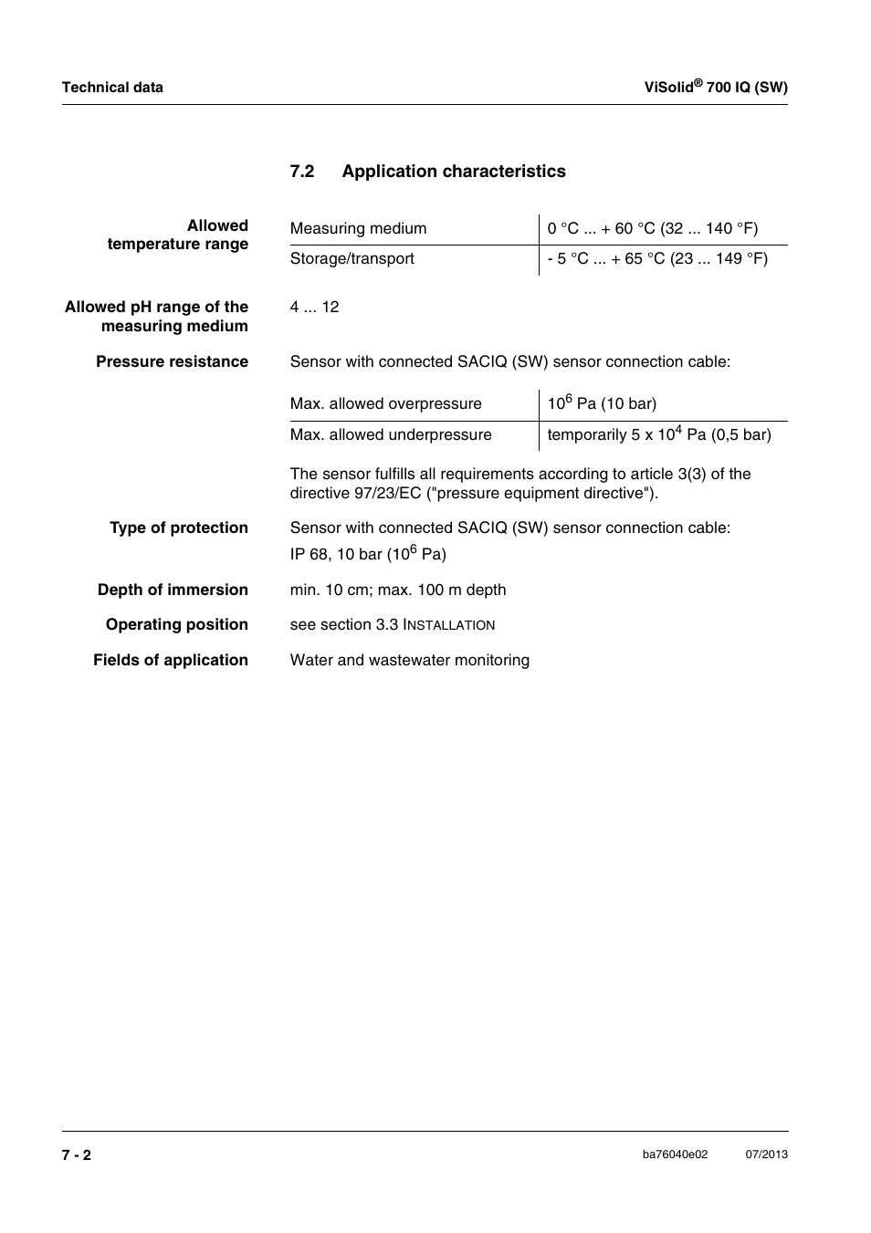 2 application characteristics, Application characteristics -2 | Xylem IQ SensorNet ViSolid 700 IQ (SW) User Manual | Page 46 / 58