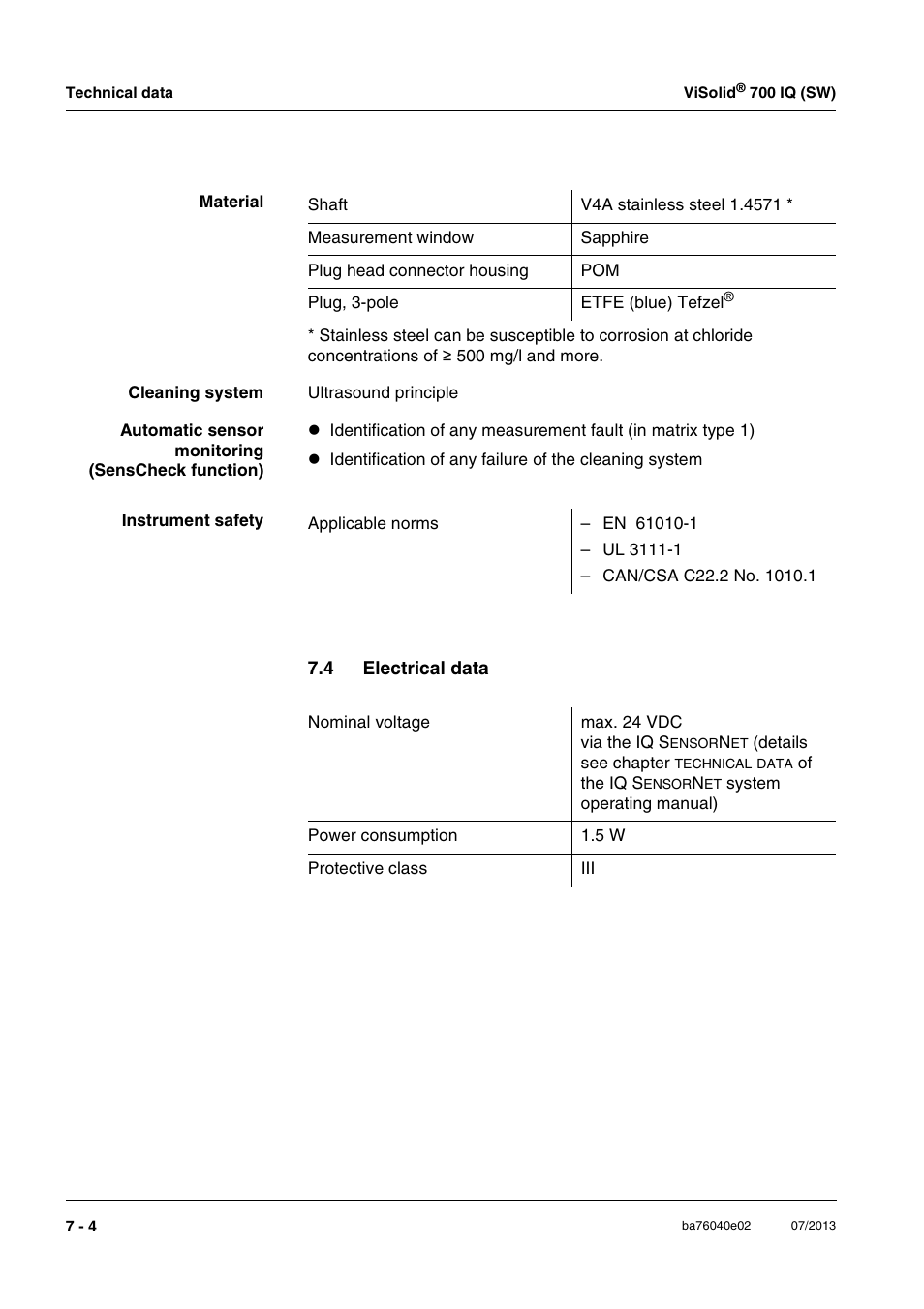 4 electrical data, Electrical data -4 | Xylem IQ SensorNet ViSolid 700 IQ (SW) User Manual | Page 48 / 58