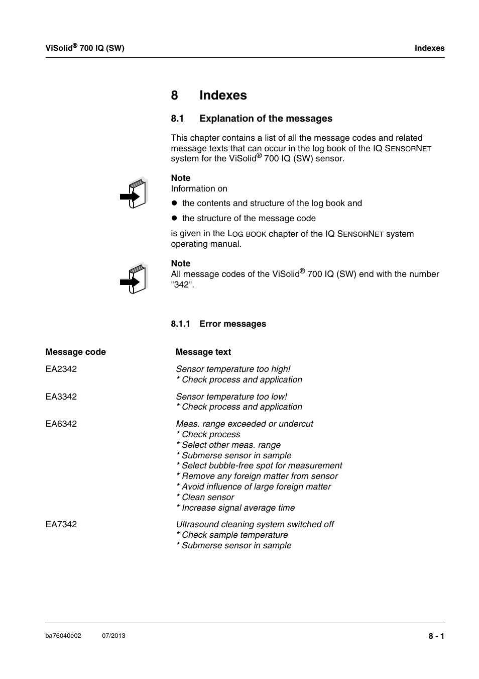 8 indexes, 1 explanation of the messages, 1 error messages | Indexes -1, Explanation of the messages -1 8.1.1, Error messages -1, 8indexes | Xylem IQ SensorNet ViSolid 700 IQ (SW) User Manual | Page 49 / 58