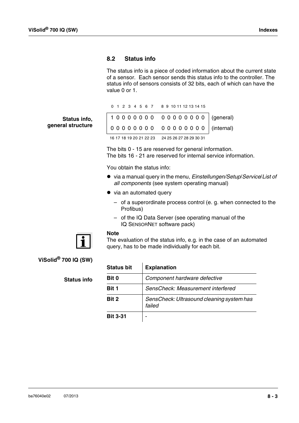 2 status info, Status info -3 | Xylem IQ SensorNet ViSolid 700 IQ (SW) User Manual | Page 51 / 58