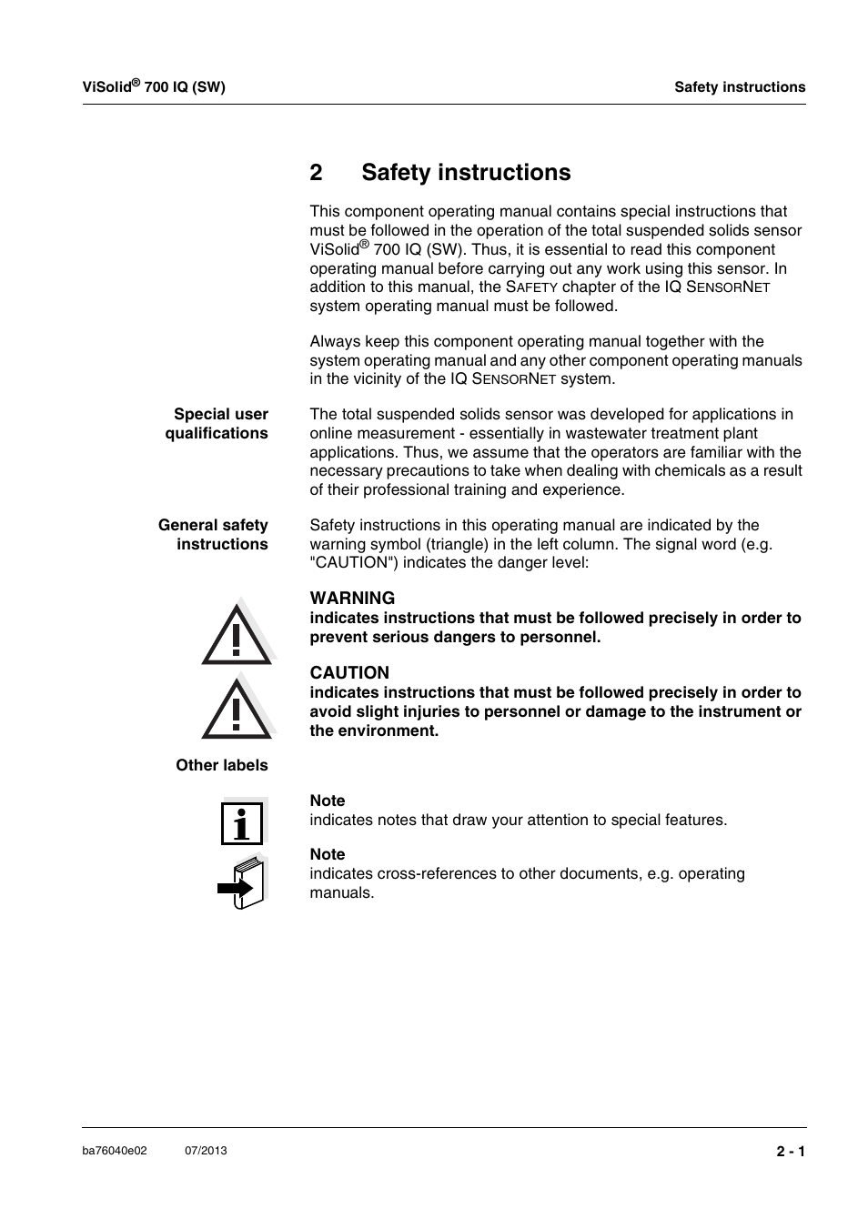 2 safety instructions, Safety instructions -1, 2safety instructions | Xylem IQ SensorNet ViSolid 700 IQ (SW) User Manual | Page 9 / 58