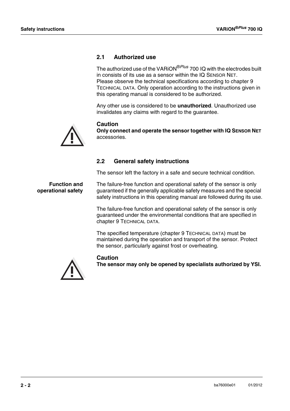 1 authorized use, 2 general safety instructions, Authorized use -2 | General safety instructions -2 | YSI IQ S ENSOR N ET VARiON Plus 700 IQ User Manual | Page 10 / 72