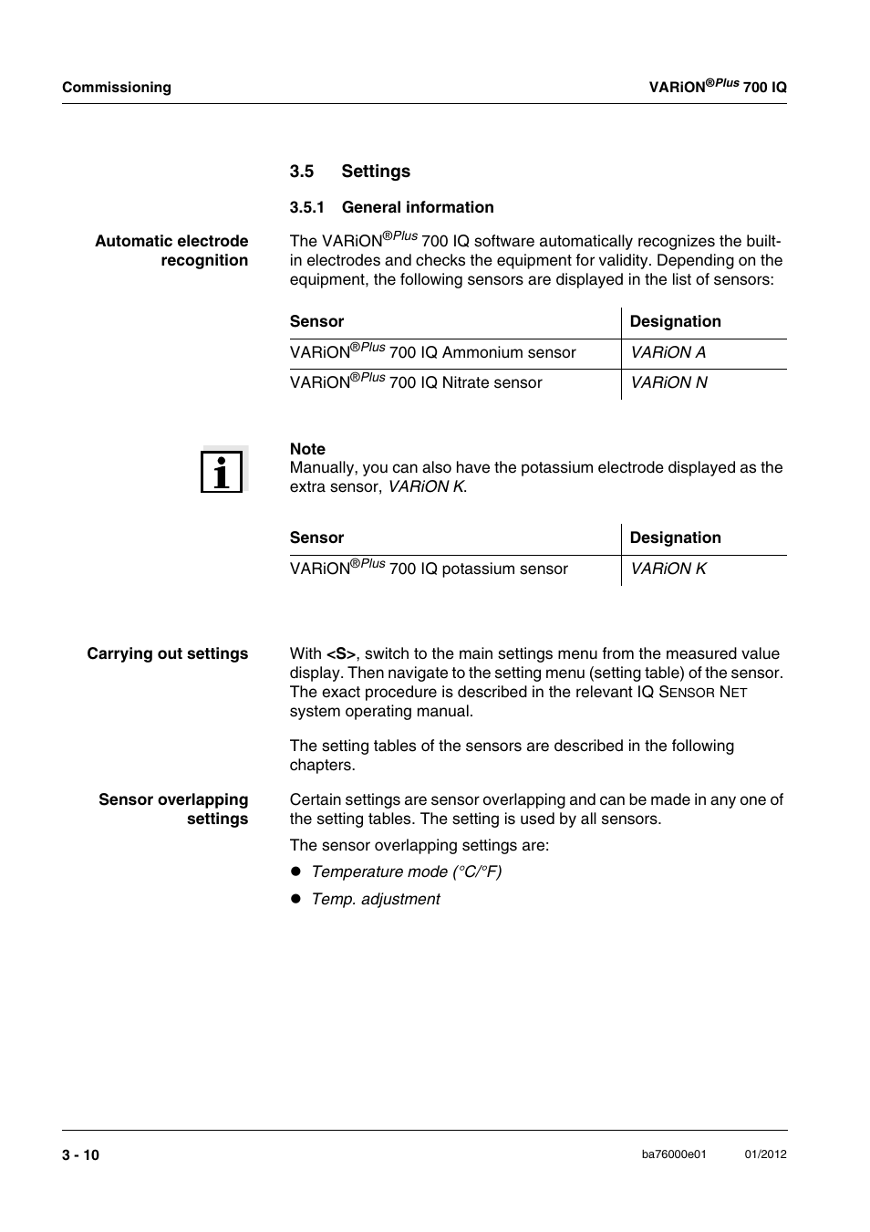 5 settings, 1 general information, Settings -10 3.5.1 | General information -10 | YSI IQ S ENSOR N ET VARiON Plus 700 IQ User Manual | Page 22 / 72