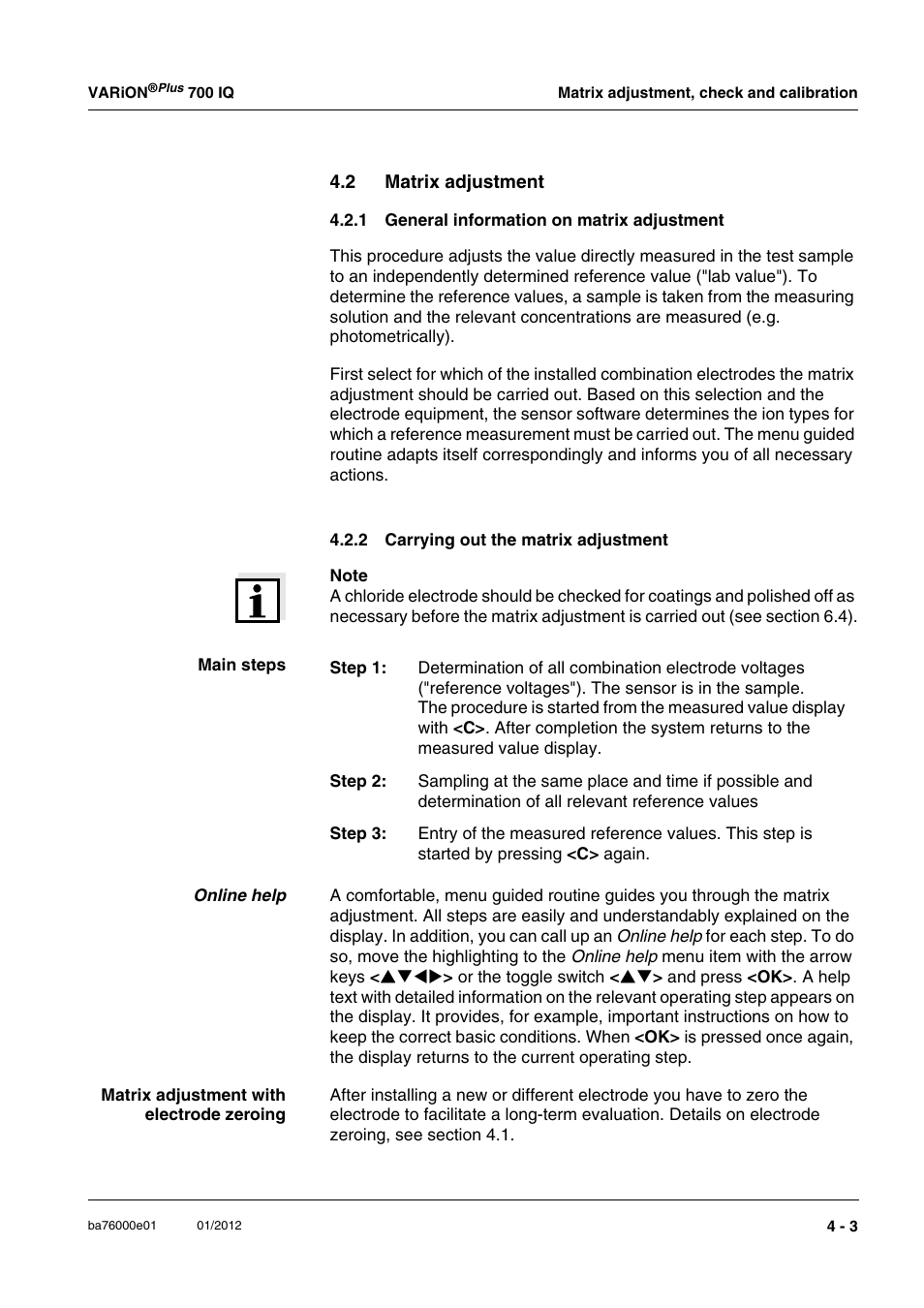 2 matrix adjustment, 1 general information on matrix adjustment, 2 carrying out the matrix adjustment | Matrix adjustment -3 4.2.1, General information on matrix adjustment -3, Carrying out the matrix adjustment -3 | YSI IQ S ENSOR N ET VARiON Plus 700 IQ User Manual | Page 33 / 72