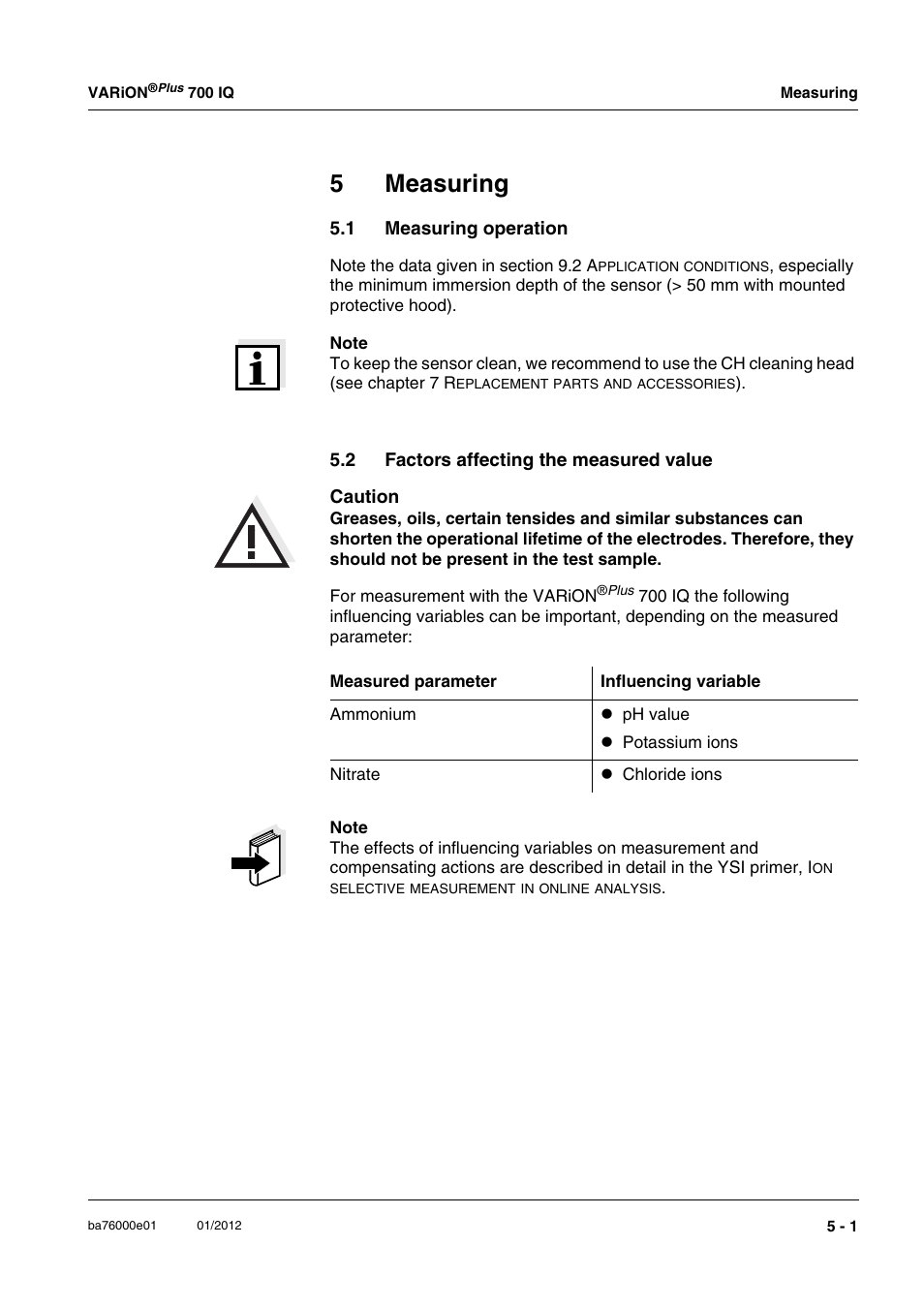 5 measuring, 1 measuring operation, 2 factors affecting the measured value | Measuring -1, Measuring operation -1, Factors affecting the measured value -1, 5measuring | YSI IQ S ENSOR N ET VARiON Plus 700 IQ User Manual | Page 45 / 72