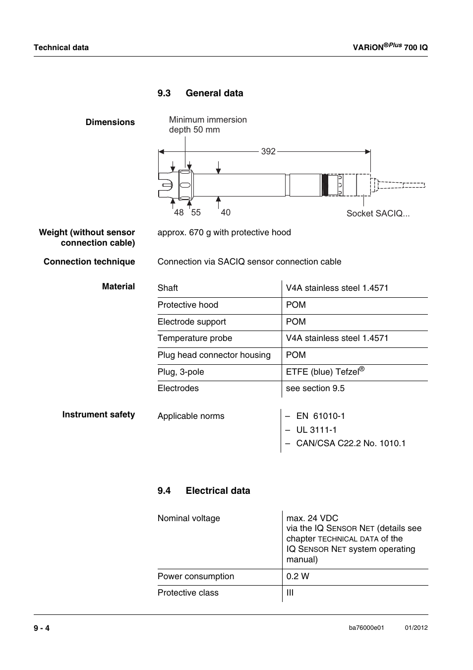 3 general data, 4 electrical data, General data -4 | Electrical data -4 | YSI IQ S ENSOR N ET VARiON Plus 700 IQ User Manual | Page 62 / 72