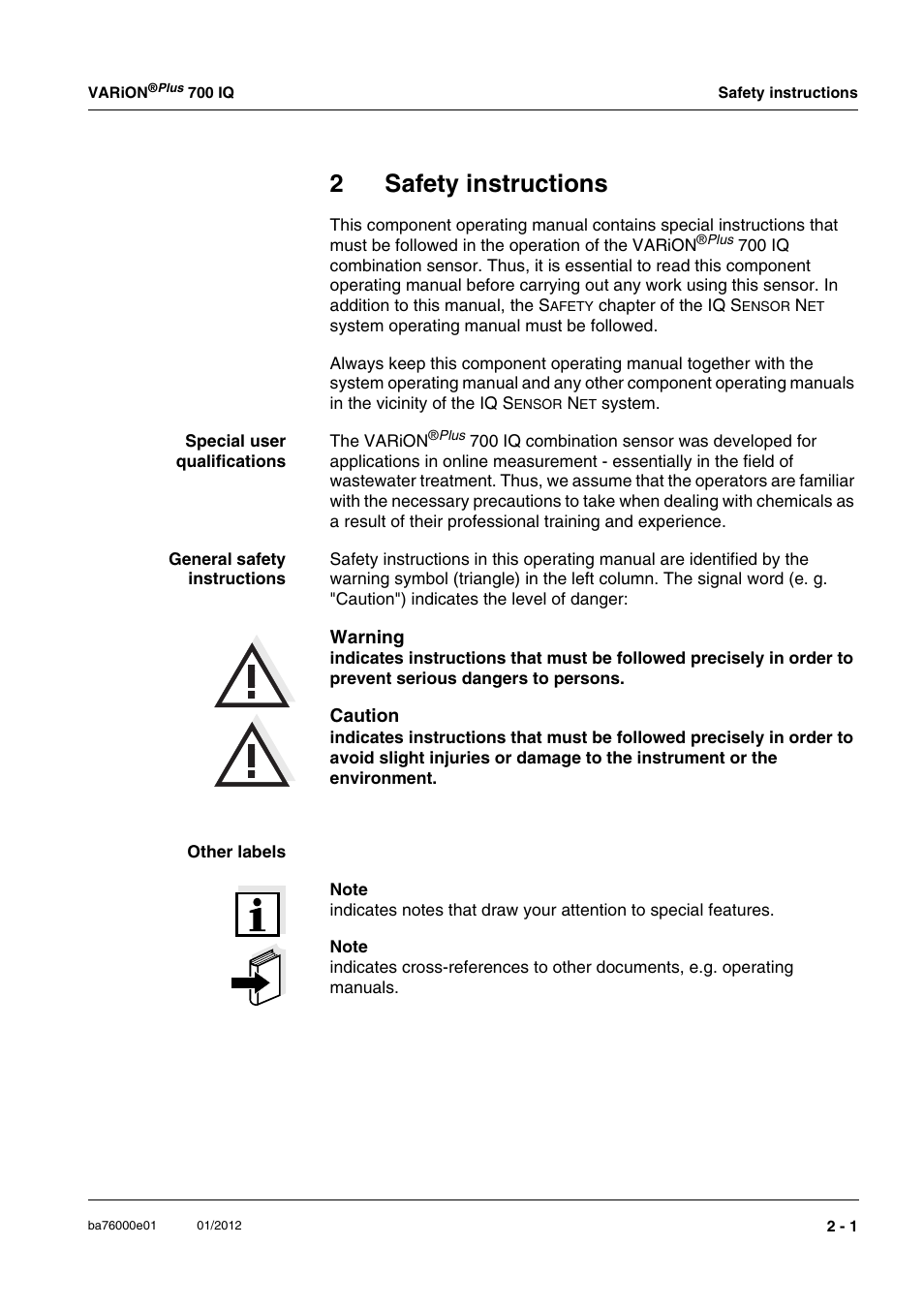 2 safety instructions, Safety instructions -1, 2safety instructions | YSI IQ S ENSOR N ET VARiON Plus 700 IQ User Manual | Page 9 / 72