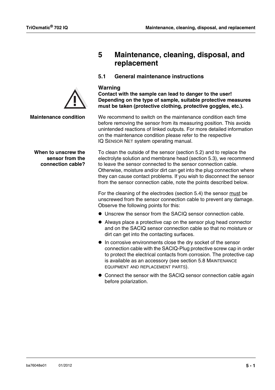 5 maintenance, cleaning, disposal, and replacement, 1 general maintenance instructions, General maintenance instructions -1 | Chapter 5 m, Aintenance, Cleaning, Disposal, Replacement, 5maintenance, cleaning, disposal, and replacement | YSI IQ S ENSOR N ET TriOxmatic 702 IQ User Manual | Page 23 / 54