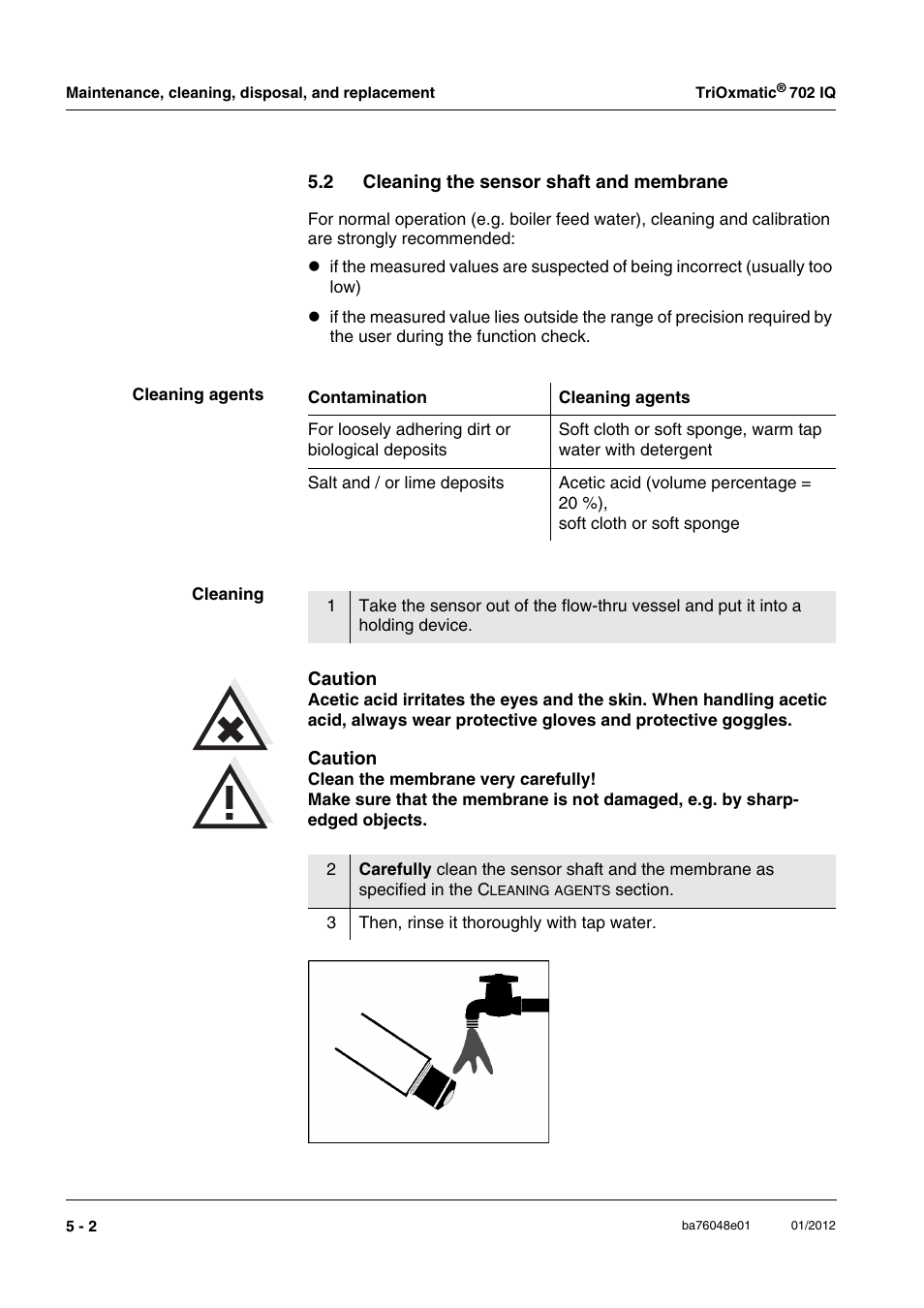 2 cleaning the sensor shaft and membrane, Cleaning the sensor shaft and membrane -2, Ne (see section 5.2 c | Leaning, Sensor, Shaft, Membrane, Section 5.2) and | YSI IQ S ENSOR N ET TriOxmatic  702 IQ User Manual | Page 24 / 54