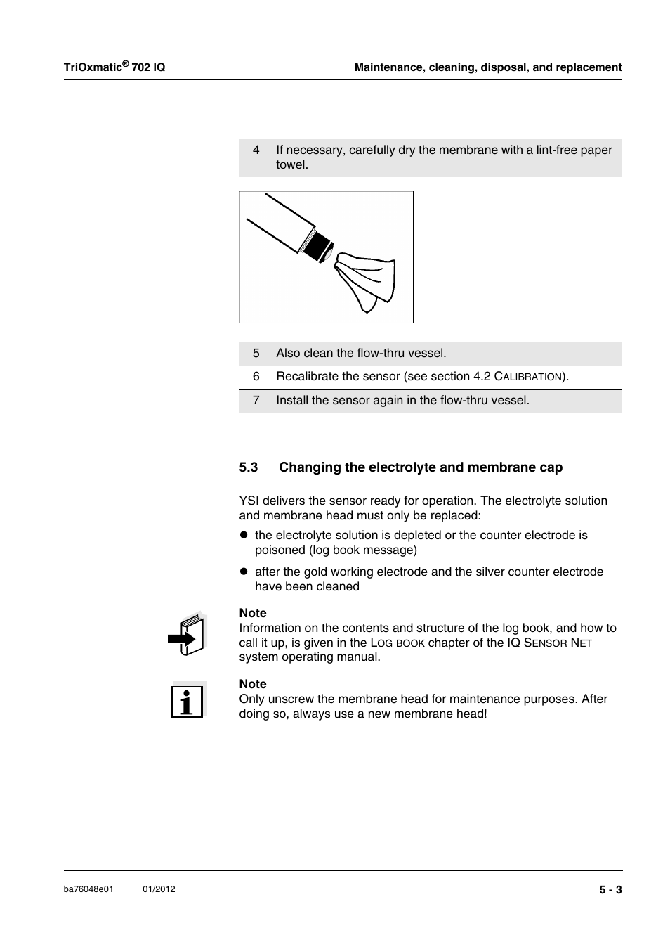 3 changing the electrolyte and membrane cap, Changing the electrolyte and membrane cap -3, Ead (section 5.3 | YSI IQ S ENSOR N ET TriOxmatic  702 IQ User Manual | Page 25 / 54