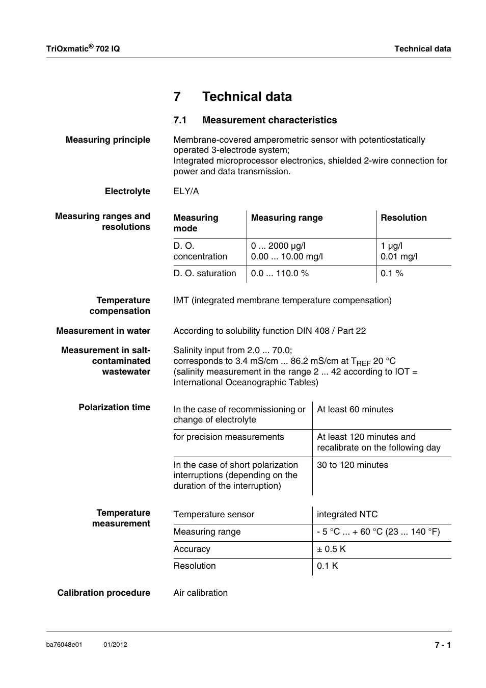 7 technical data, 1 measurement characteristics, Technical data -1 | Measurement characteristics -1, To chapter 7 t, Echnical, Data, Chapter 7 t, Ure (chapter 7 t, 7technical data | YSI IQ S ENSOR N ET TriOxmatic  702 IQ User Manual | Page 43 / 54