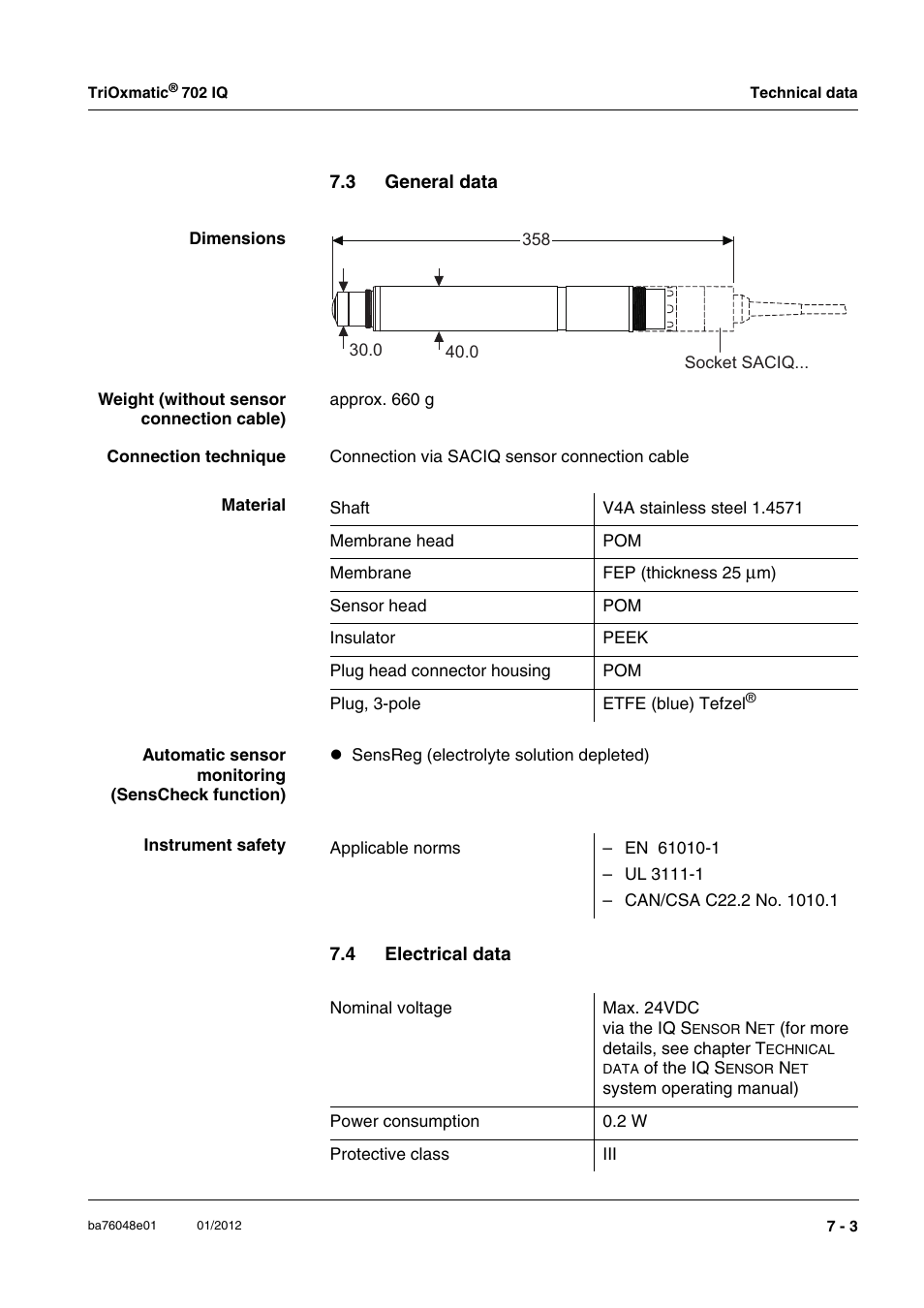3 general data, 4 electrical data, General data -3 | Electrical data -3 | YSI IQ S ENSOR N ET TriOxmatic  702 IQ User Manual | Page 45 / 54