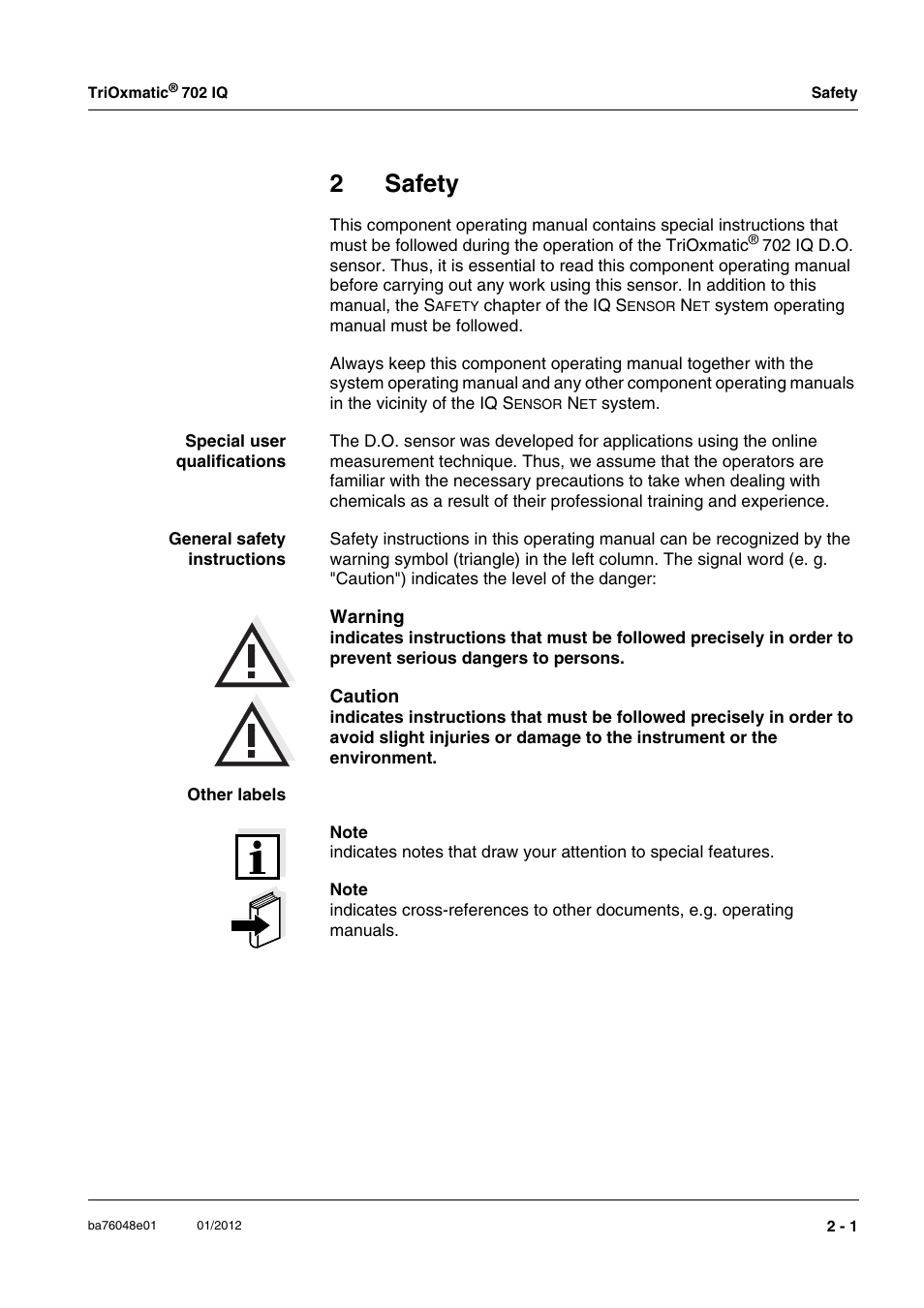 2 safety, Safety -1, 2safety | YSI IQ S ENSOR N ET TriOxmatic  702 IQ User Manual | Page 7 / 54