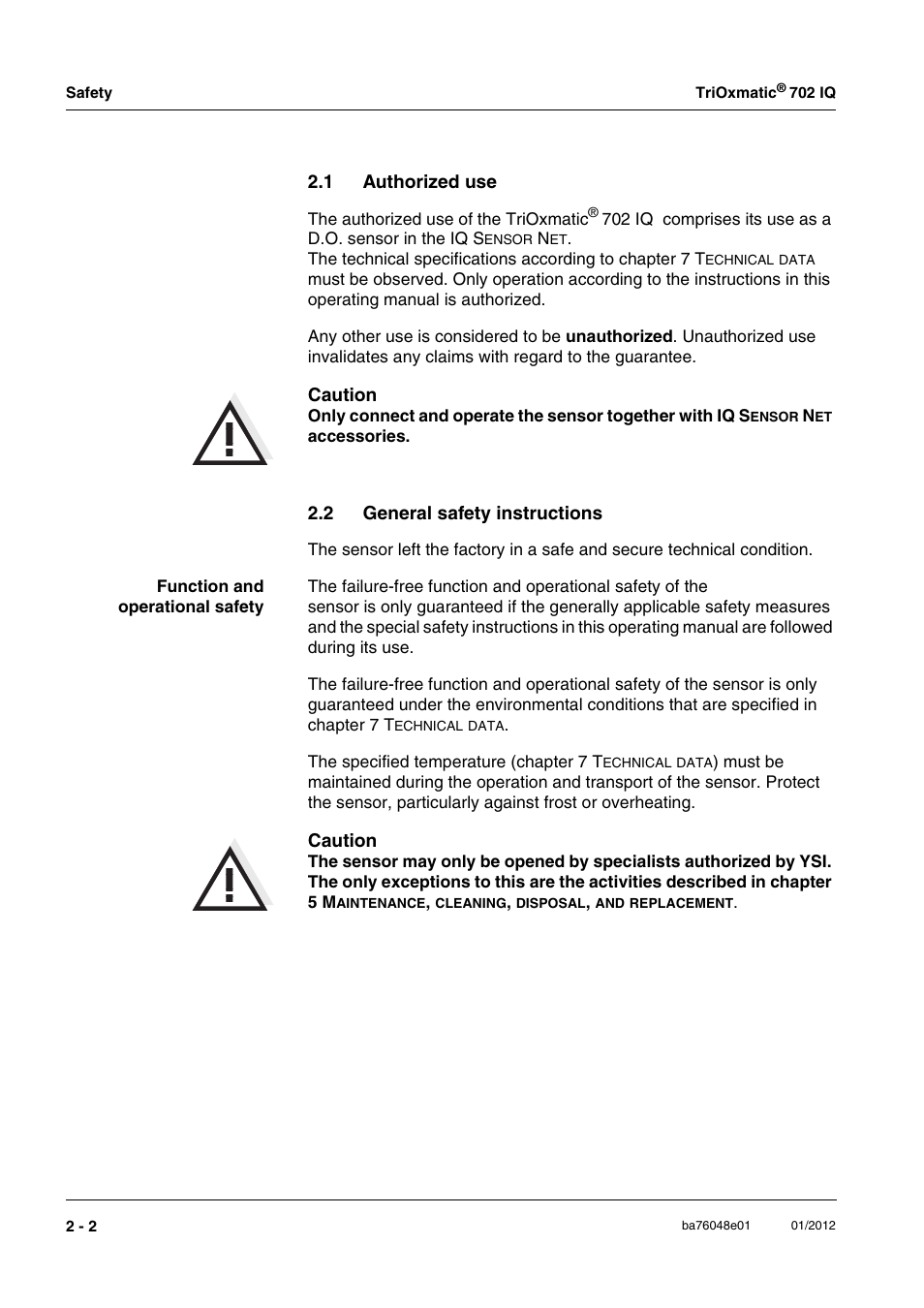 1 authorized use, 2 general safety instructions, Authorized use -2 | General safety instructions -2 | YSI IQ S ENSOR N ET TriOxmatic  702 IQ User Manual | Page 8 / 54