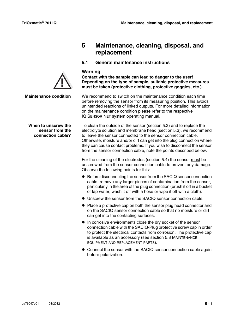 5 maintenance, cleaning, disposal, and replacement, 1 general maintenance instructions, General maintenance instructions -1 | Chapter 5 m, Aintenance, Cleaning, Disposal, Replacement, 5maintenance, cleaning, disposal, and replacement | YSI IQ S ENSOR N ET TriOxmatic  701 IQ User Manual | Page 23 / 58