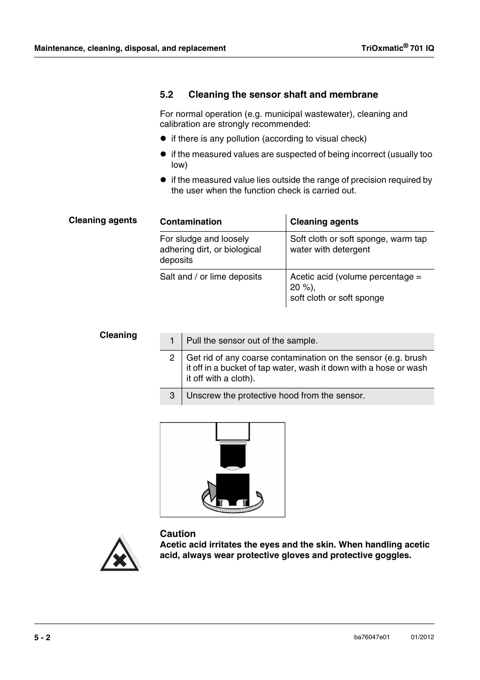 2 cleaning the sensor shaft and membrane, Cleaning the sensor shaft and membrane -2, Ne (see section 5.2 c | Leaning, Sensor, Shaft, Membrane, Section 5.2) and | YSI IQ S ENSOR N ET TriOxmatic  701 IQ User Manual | Page 24 / 58