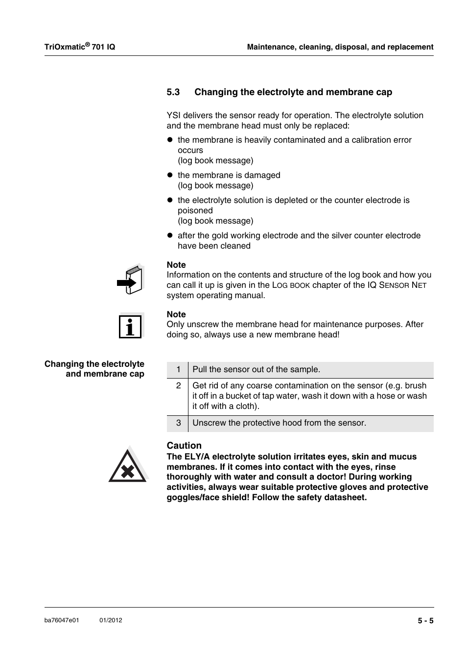 3 changing the electrolyte and membrane cap, Changing the electrolyte and membrane cap -5, Ead (section 5.3 | YSI IQ S ENSOR N ET TriOxmatic  701 IQ User Manual | Page 27 / 58