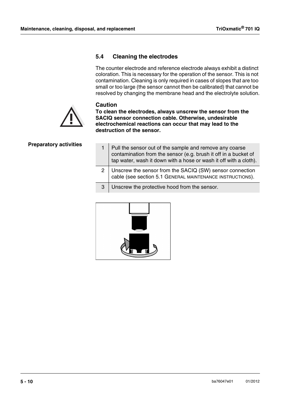 4 cleaning the electrodes, Cleaning the electrodes -10, Es (section 5.4 | YSI IQ S ENSOR N ET TriOxmatic  701 IQ User Manual | Page 32 / 58