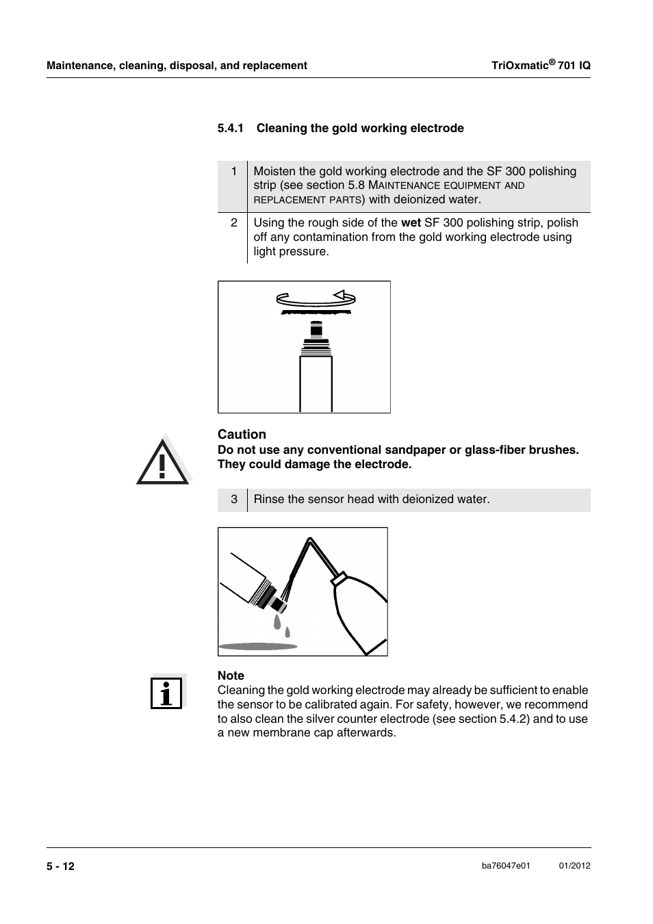 1 cleaning the gold working electrode, Cleaning the gold working electrode -12 | YSI IQ S ENSOR N ET TriOxmatic  701 IQ User Manual | Page 34 / 58