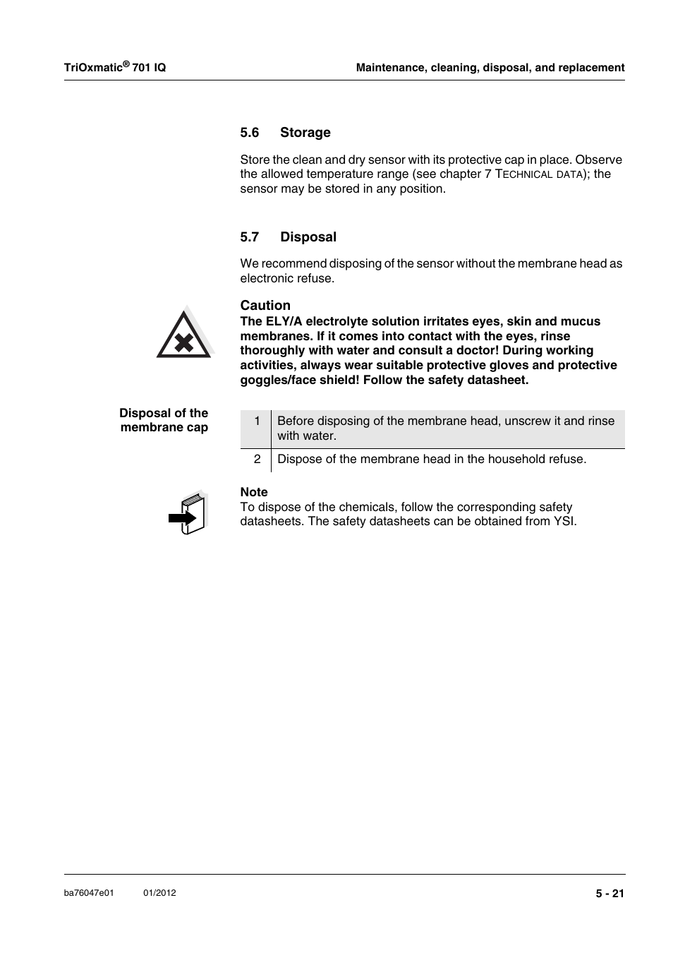 6 storage, 7 disposal, Storage -21 | Disposal -21 | YSI IQ S ENSOR N ET TriOxmatic  701 IQ User Manual | Page 43 / 58