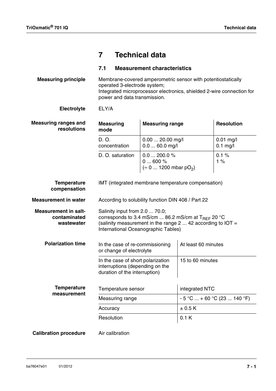 7 technical data, 1 measurement characteristics, Technical data -1 | Measurement characteristics -1, To chapter 7 t, Echnical, Data, Chapter 7 t, Ure (chapter 7 t, 7technical data | YSI IQ S ENSOR N ET TriOxmatic  701 IQ User Manual | Page 47 / 58