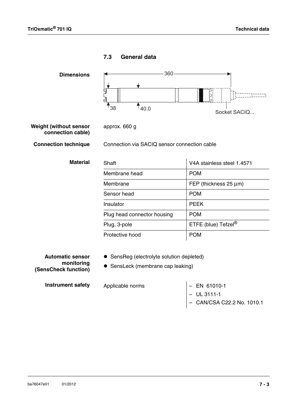 3 general data, General data -3 | YSI IQ S ENSOR N ET TriOxmatic  701 IQ User Manual | Page 49 / 58