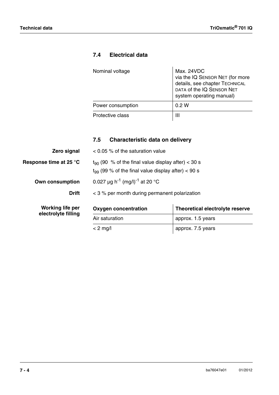 4 electrical data, 5 characteristic data on delivery, Electrical data -4 | Characteristic data on delivery -4 | YSI IQ S ENSOR N ET TriOxmatic  701 IQ User Manual | Page 50 / 58