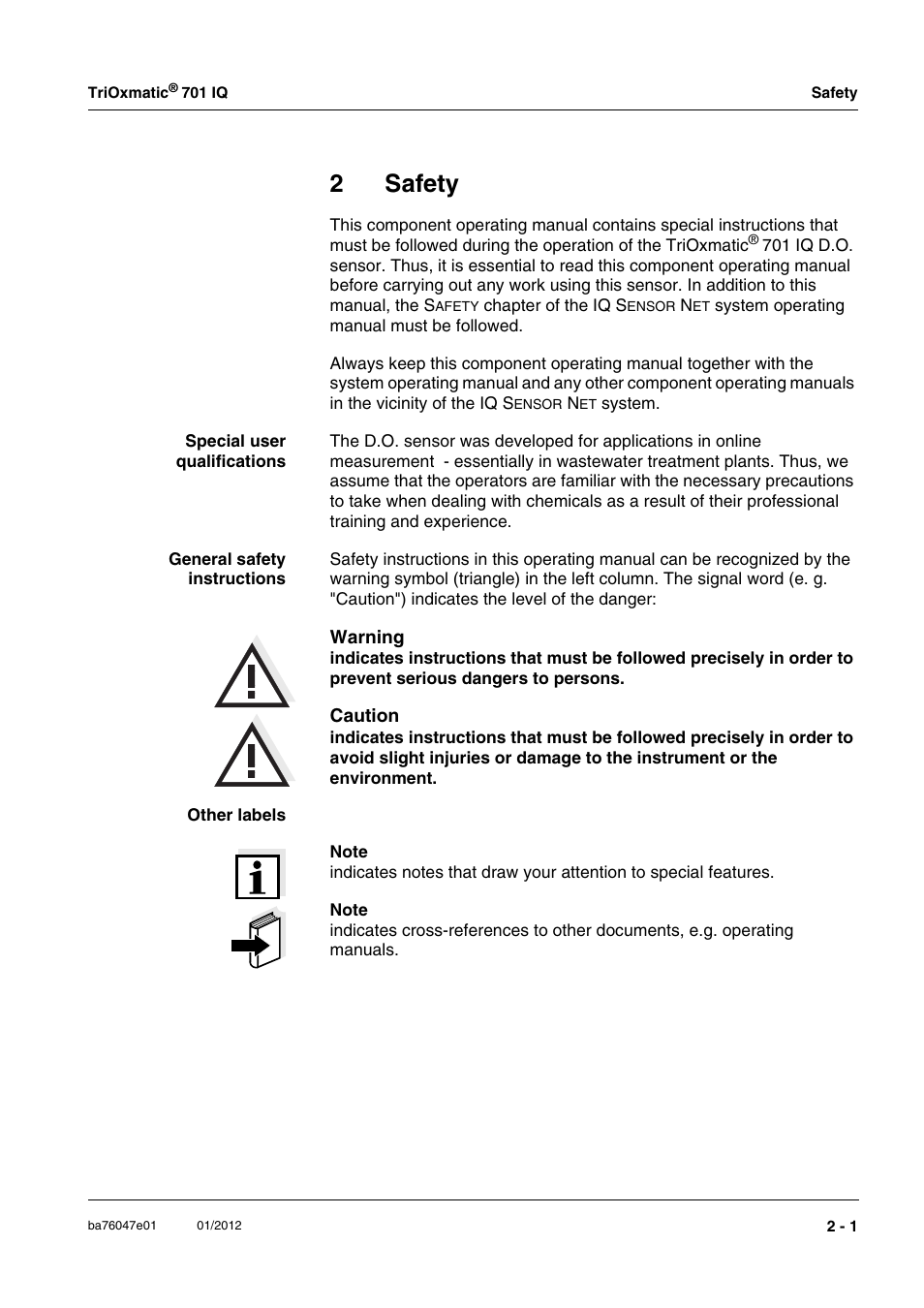 2 safety, Safety -1, 2safety | YSI IQ S ENSOR N ET TriOxmatic  701 IQ User Manual | Page 7 / 58