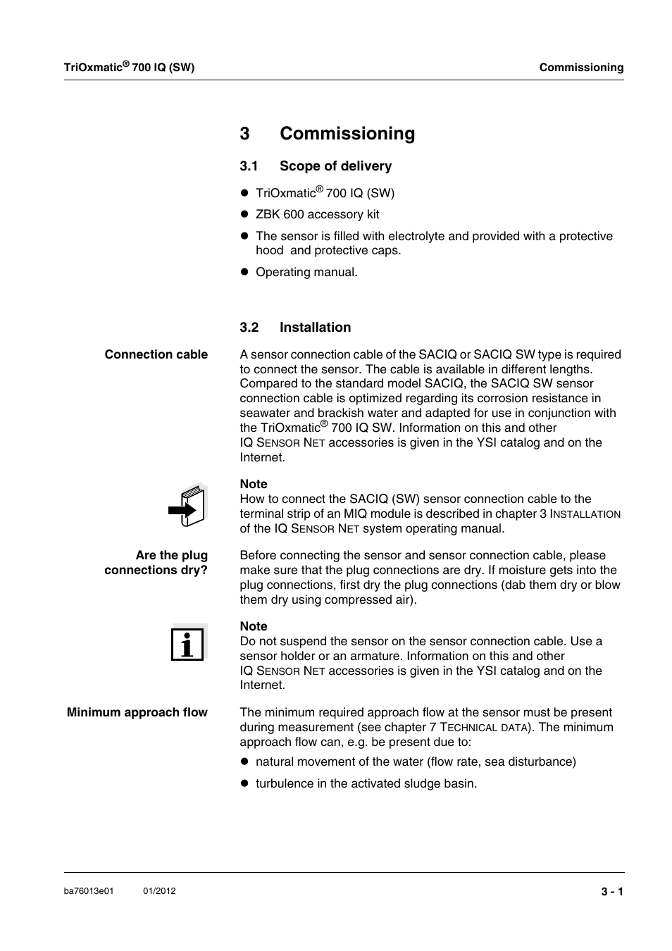 3 commissioning, 1 scope of delivery, 2 installation | Commissioning -1, Scope of delivery -1, Installation -1, 3commissioning | YSI IQ S ENSOR N ET TriOxmatic  700 IQ (SW) User Manual | Page 11 / 58