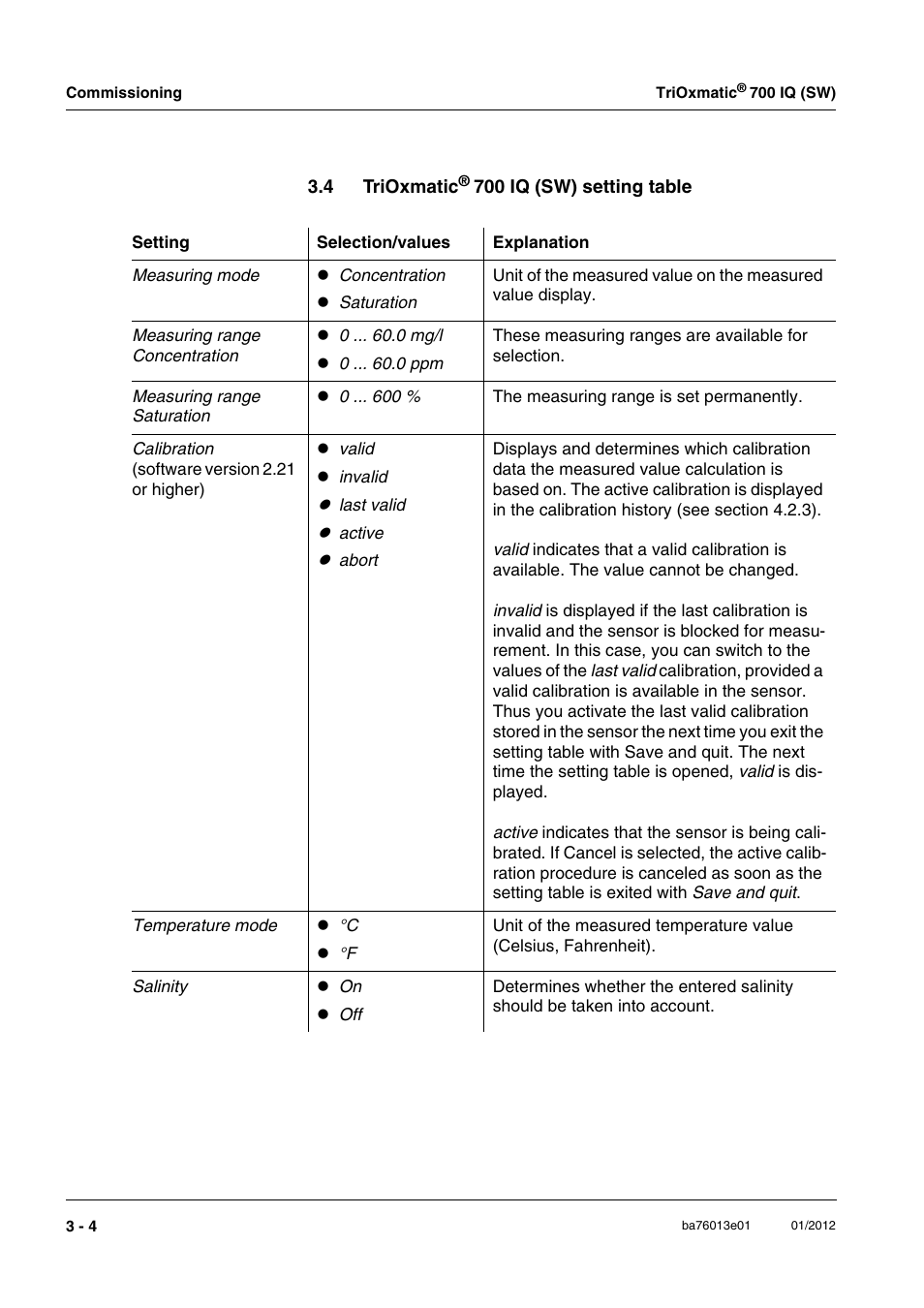 4 trioxmatic® 700 iq (sw) setting table, Trioxmatic, Sensor (see section 3.4 | YSI IQ S ENSOR N ET TriOxmatic  700 IQ (SW) User Manual | Page 14 / 58