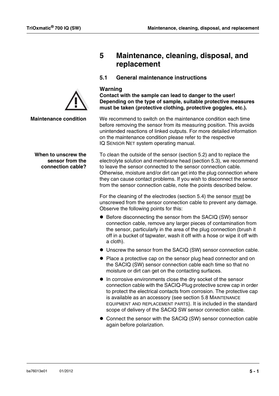 5 maintenance, cleaning, disposal, and replacement, 1 general maintenance instructions, General maintenance instructions -1 | Chapter 5 m, Aintenance, Cleaning, Disposal, Replacement, 5maintenance, cleaning, disposal, and replacement | YSI IQ S ENSOR N ET TriOxmatic 700 IQ (SW) User Manual | Page 23 / 58