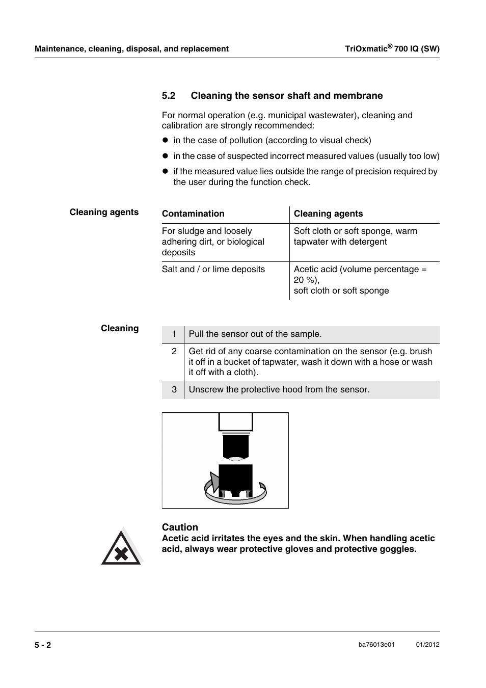 2 cleaning the sensor shaft and membrane, Cleaning the sensor shaft and membrane -2, Section 5.2 c | Leaning, Sensor, Shaft, Membrane, Nsor (section 5.2 | YSI IQ S ENSOR N ET TriOxmatic  700 IQ (SW) User Manual | Page 24 / 58