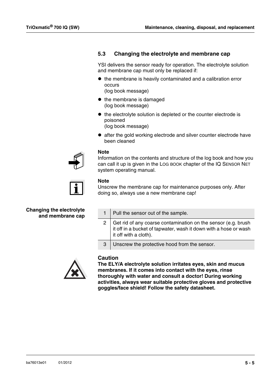 3 changing the electrolyte and membrane cap, Changing the electrolyte and membrane cap -5, Ead (section 5.3), we | YSI IQ S ENSOR N ET TriOxmatic  700 IQ (SW) User Manual | Page 27 / 58