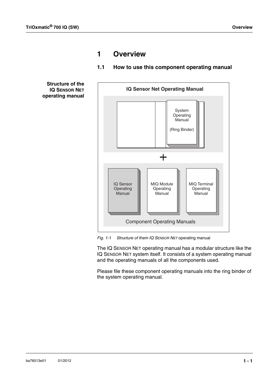 1 overview, 1 how to use this component operating manual, Overview -1 | How to use this component operating manual -1, 1overview | YSI IQ S ENSOR N ET TriOxmatic  700 IQ (SW) User Manual | Page 5 / 58