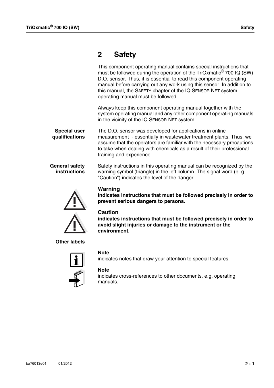 2 safety, Safety -1, 2safety | YSI IQ S ENSOR N ET TriOxmatic  700 IQ (SW) User Manual | Page 7 / 58